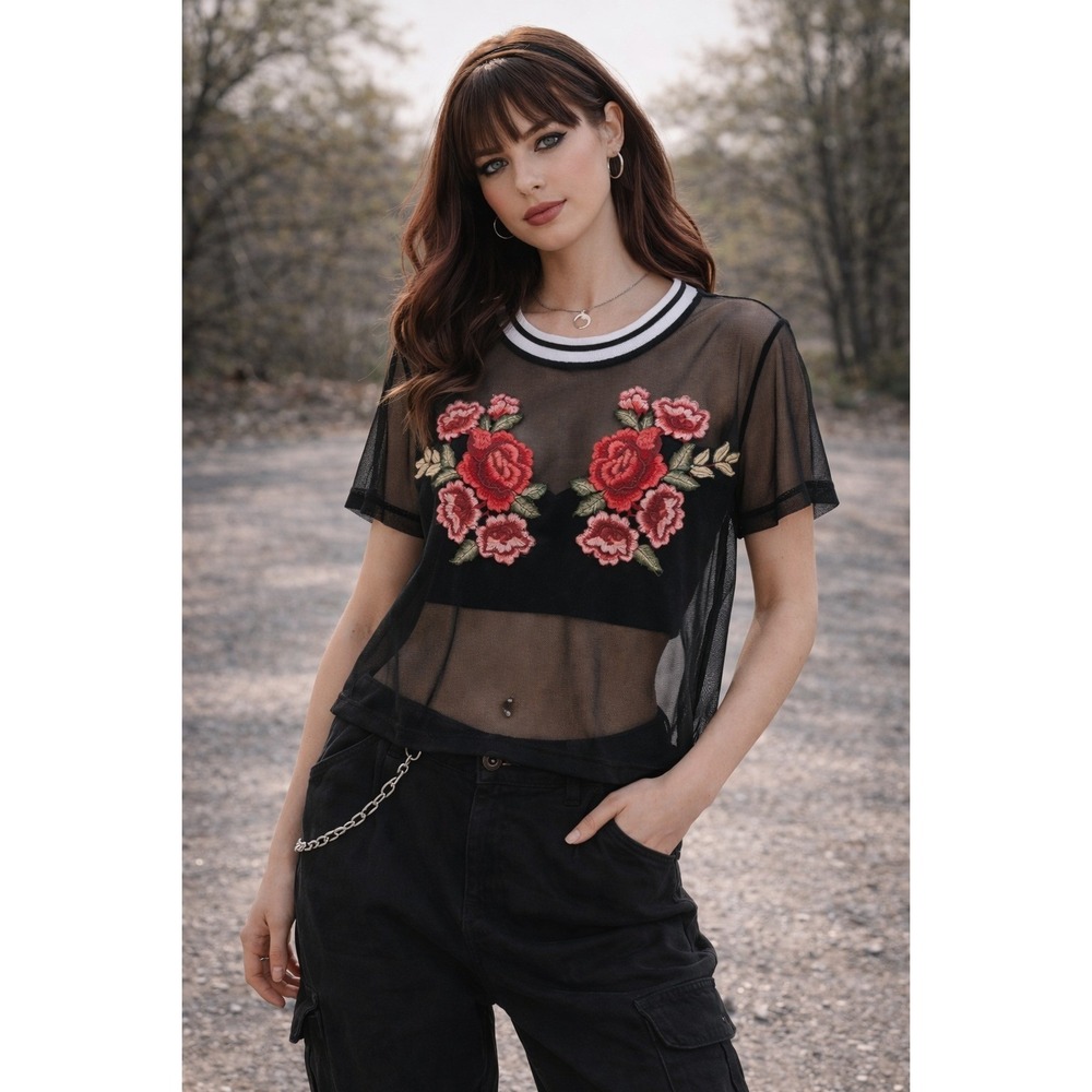 VTG Y2K Sheer Mesh Floral Rose Embroidered Tee Med Active Streetwear Athleisure